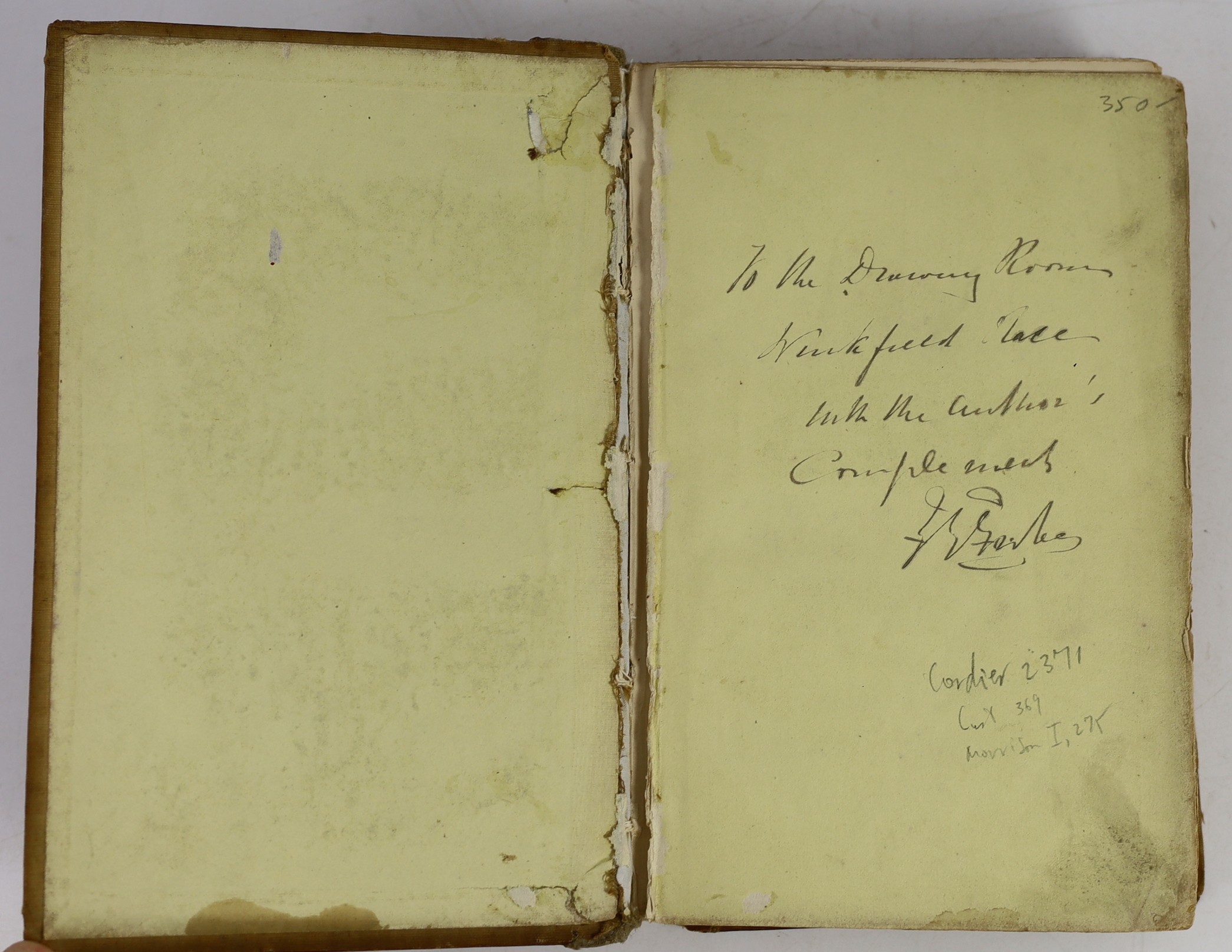 Forbes, Frederick E. - Five Years in China, 8vo, original cloth, front fly leaf inscribed’’To the Drawing Room Winkfield Place” [near Windsor], replacement fabric spine, with coloured portrait frontis, Richard Bentley, L